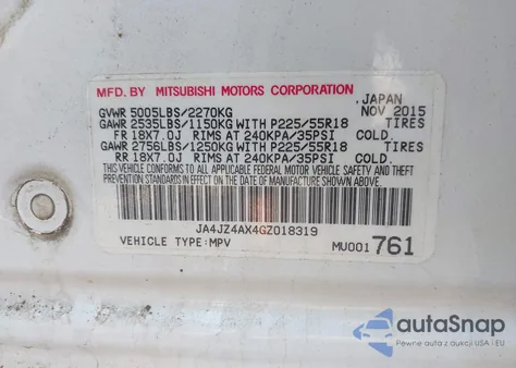 2016 Mitsubishi Outlander Gt z USA, uszkodzony, nr VIN JA4JZ4AX4GZ018319